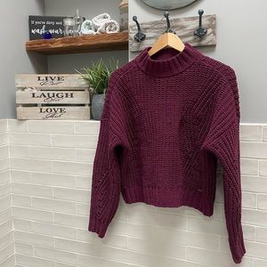 Hollister Womens Crop Chunky Knit Chenille Sweater Mock Neck Cut Out Wine